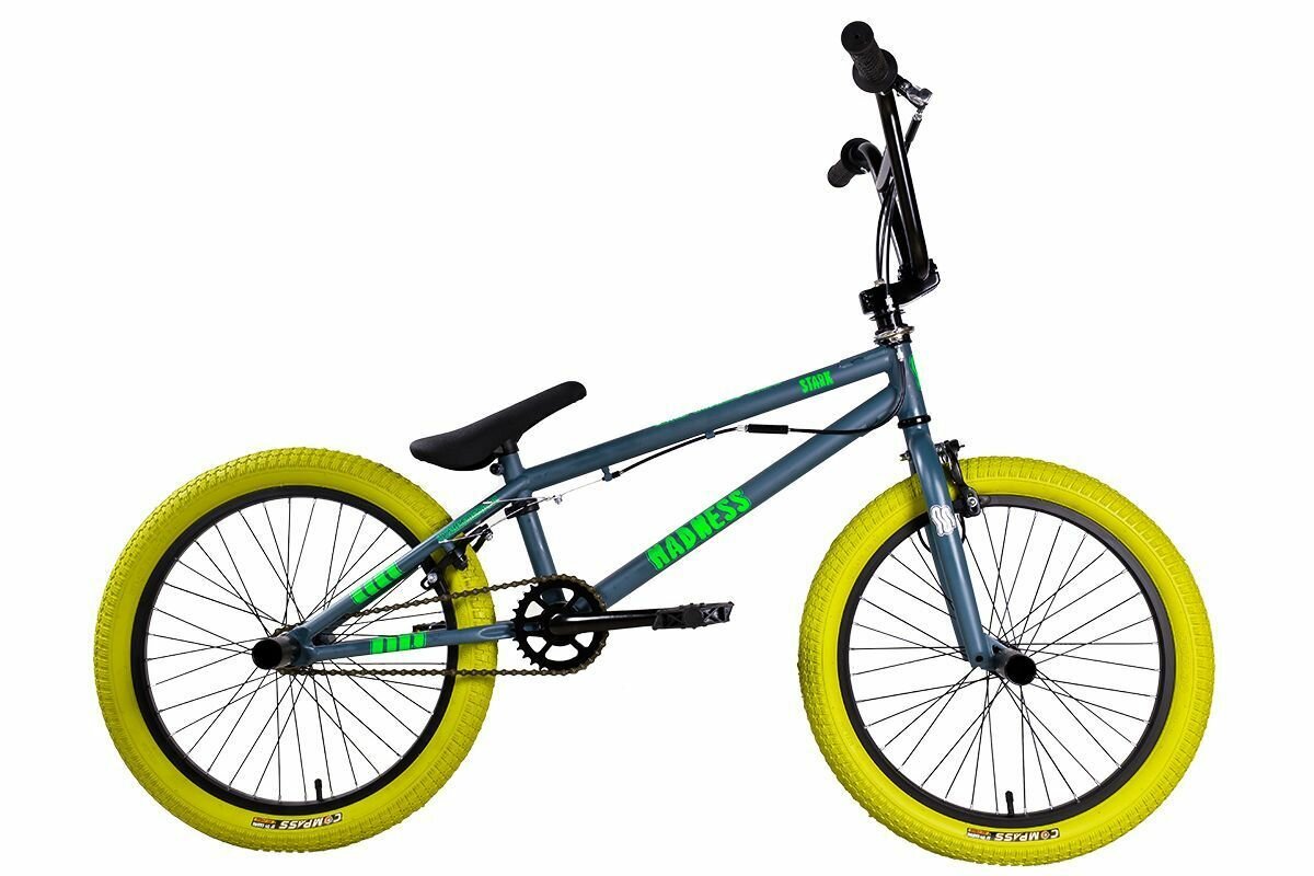 Велосипед Stark Madness BMX 2.2 (2022) / размер: 20.5" / цвет: темно-серый матовый/зеленый неон/зеленый / скоростей: 1 / рама: Сталь (Hi-Ten)