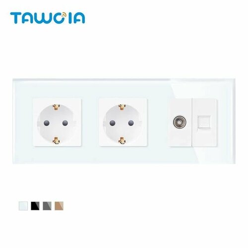 Розетка электрическая 220 -2шт TV телевизионнаяENT RJ 45 CAT6 интернет стеклянная рамка на 3 поста белая TAWOIA 2580₽
