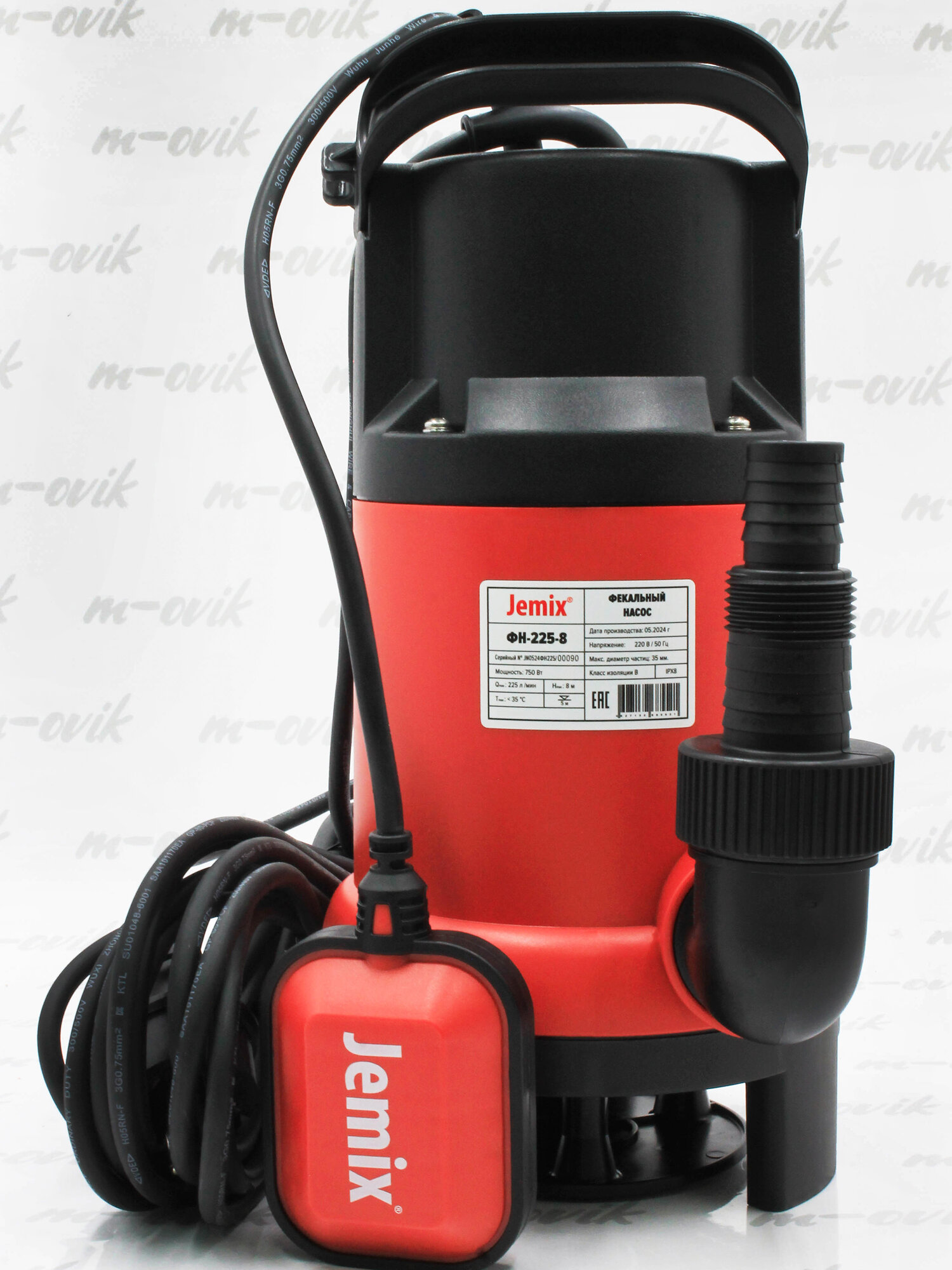 Насос фекальный JEMIX ФН-225-8 (GS-750) 750 Вт 225 л/мин Н-8 м каб.8 м с поплавком