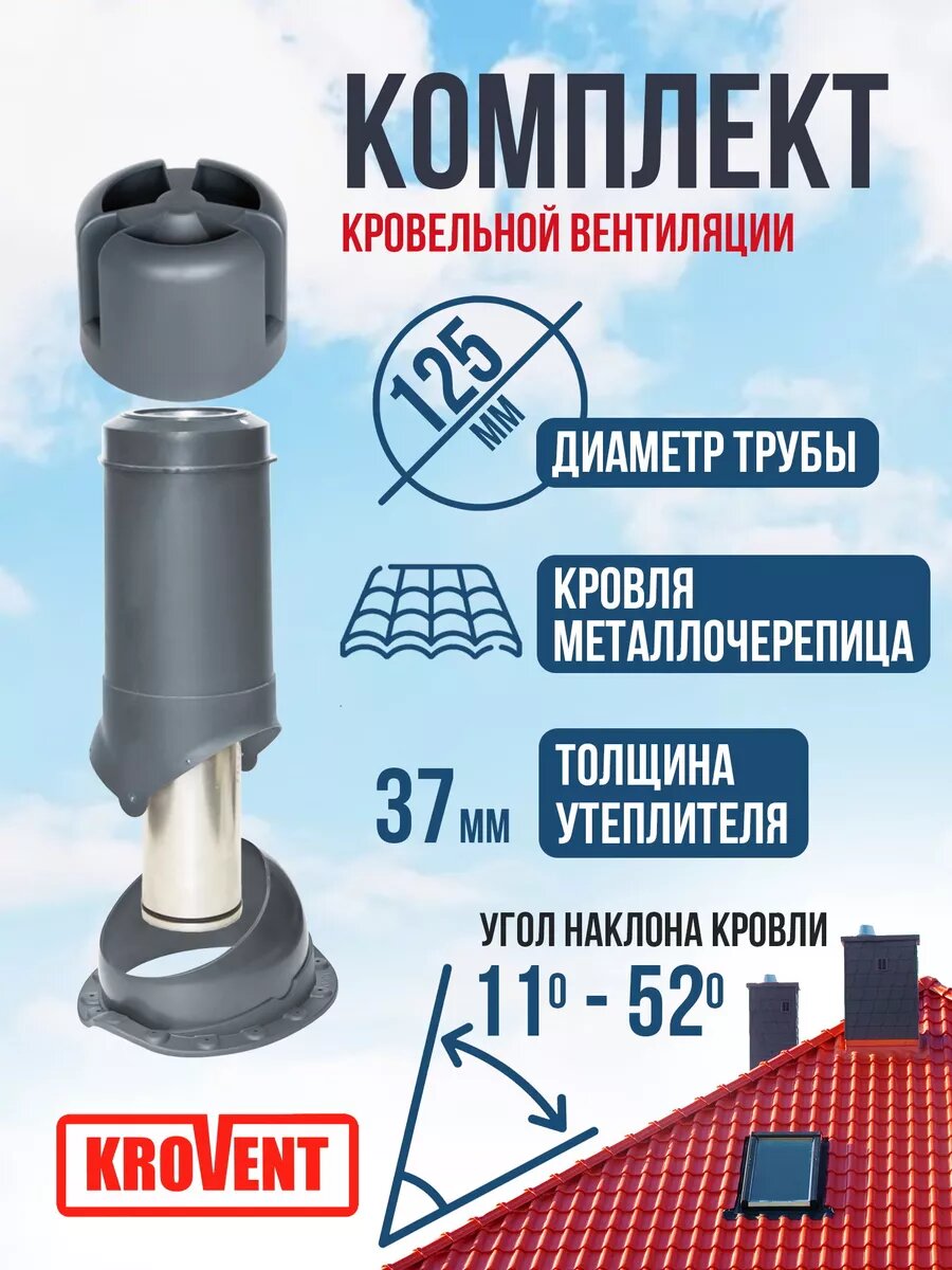 Комплект выход вентиляции утеплённый для кровли из металлочерепицы 125/500, Krovent, Серый