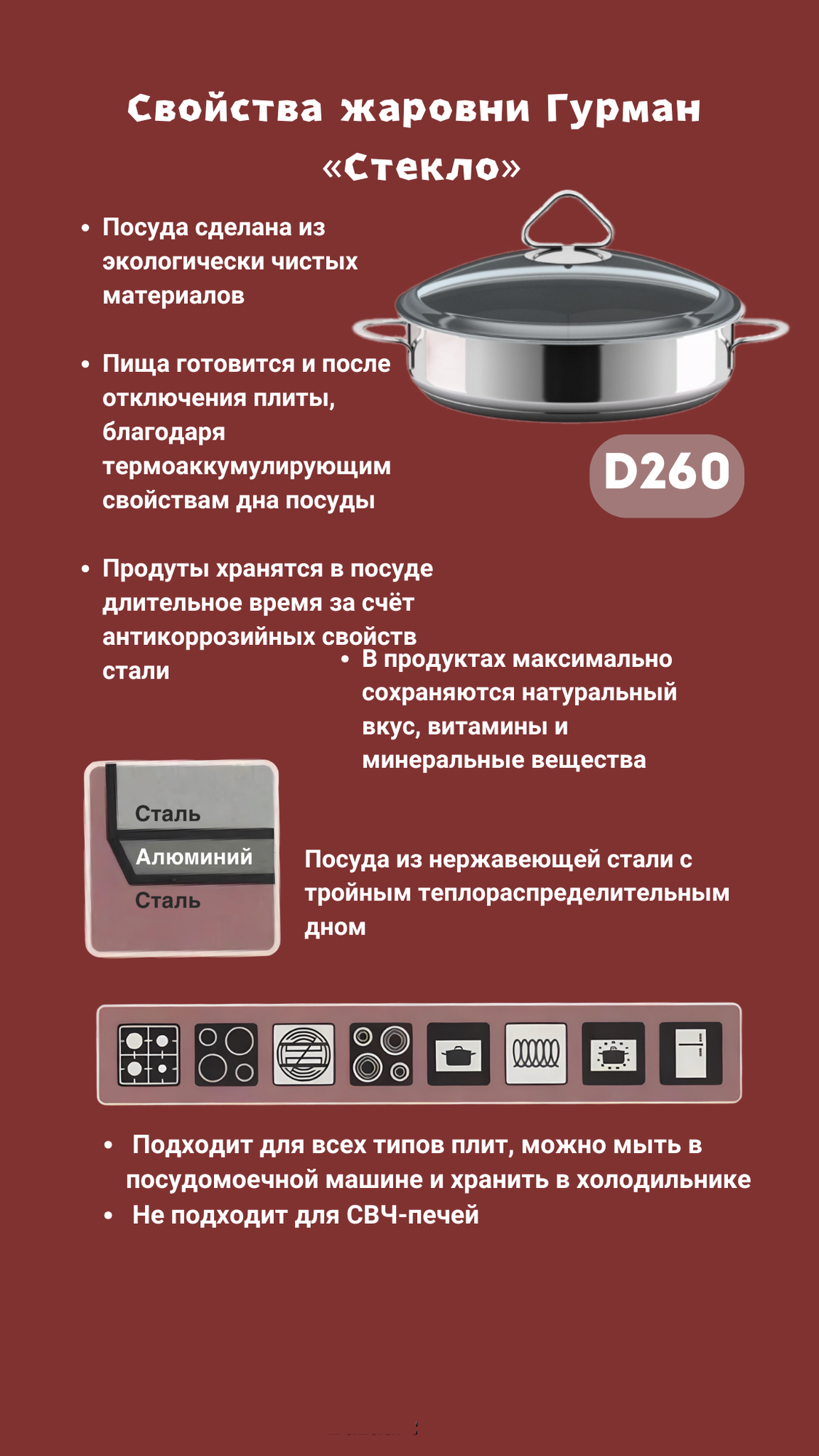 Жаровня ВСМПО Посуда d260мм Гурман Стекло из нержавеющей стали с тройным дном