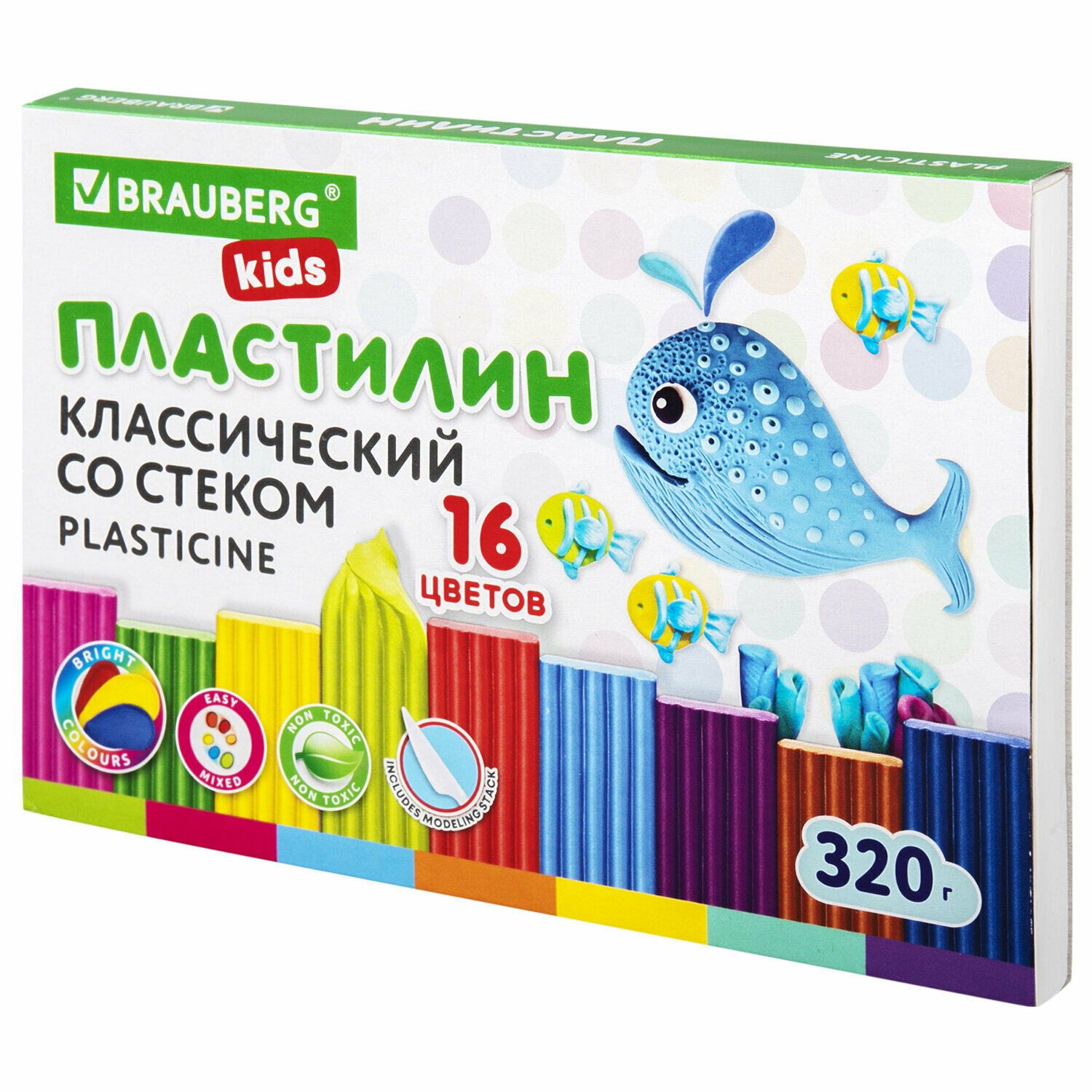 Пластилин классический Brauberg Kids, 16 цветов, 320 г, со стеком (106508)