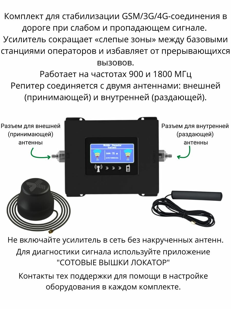 Усиление сигнала сотовой связи GSM/3G/4G Комплект с репитером 900/1800МГц для автомобиля — фото 1
