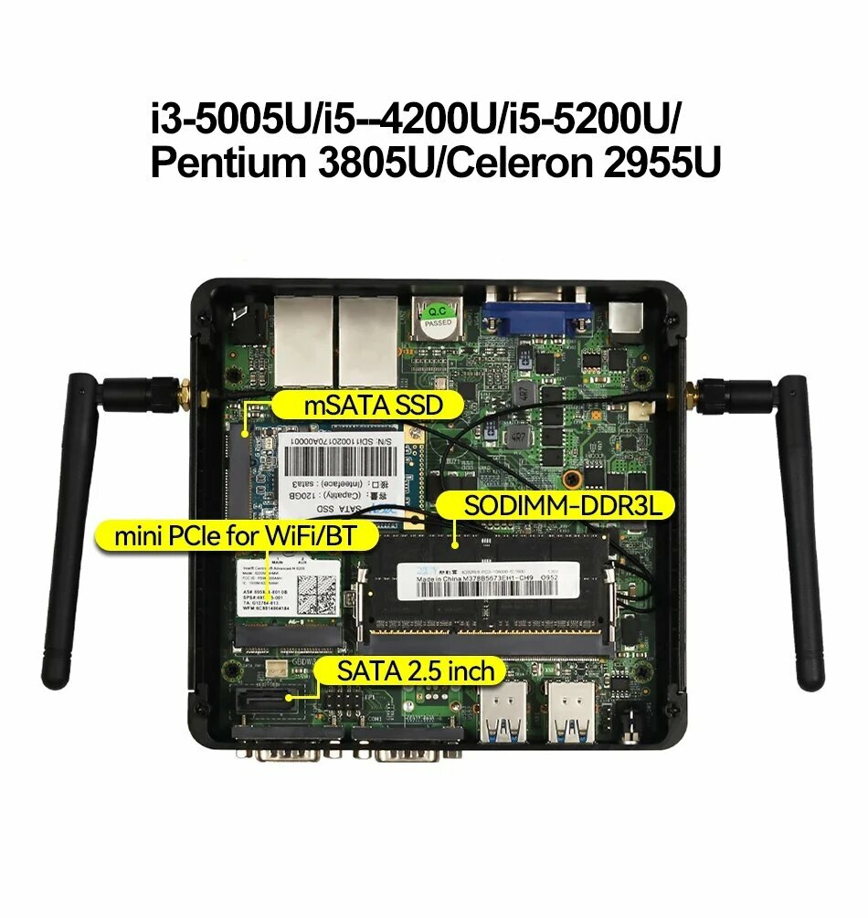 XCY Мини-ПК Intel Celeron J6412 Четырехъядерный процессор 2x RS232/485 Dual Ethernet Mini PCIe HDMI VGA Безвентиляторный промышленный IPC Windows Linux, Celeron 2955U DDR3L, 8G RAM 128G SSD WiFi — фото 1