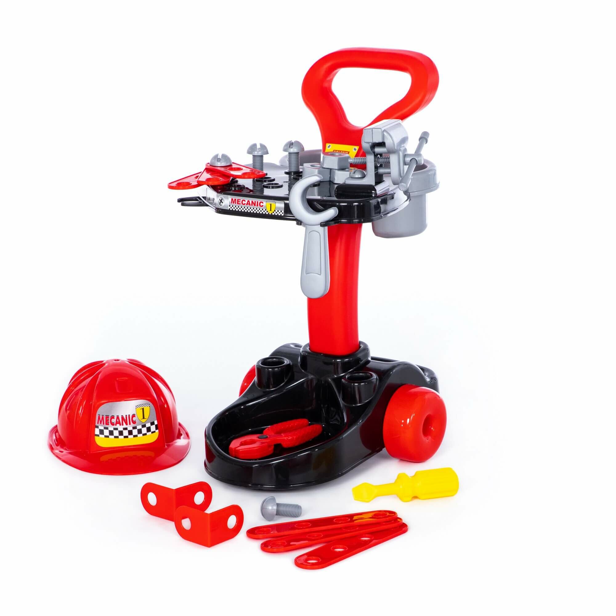 Детский набор Полесье "Механик", на тележке, с тисками, отверткой и каской — фото 1