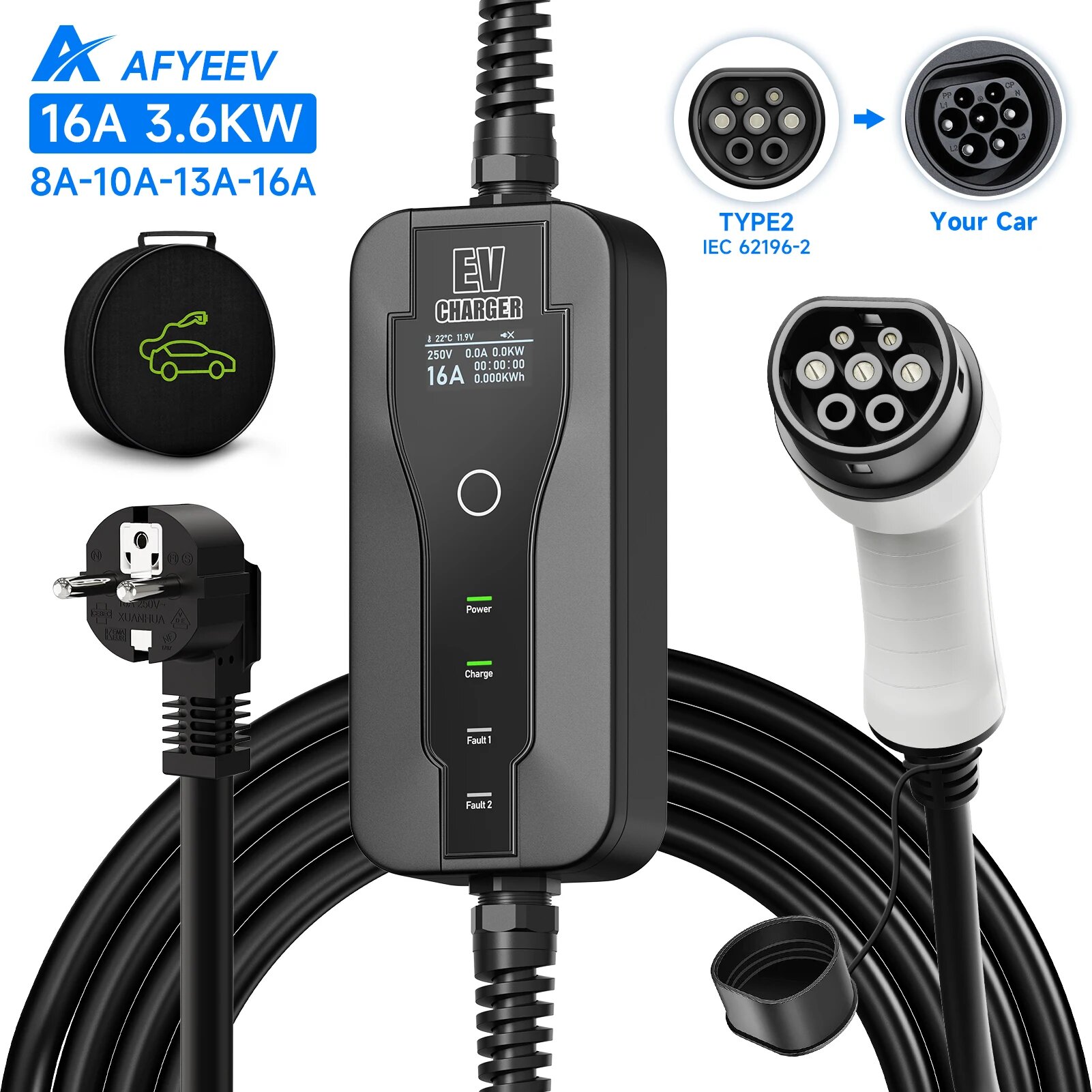 AFYEEV 3,6 кВт Type2 EV Портативное зарядное устройство 16A 1 фаза Type1/GB/T разъем Wallbox Зарядная станция для электромобиля, 3.5m Type2