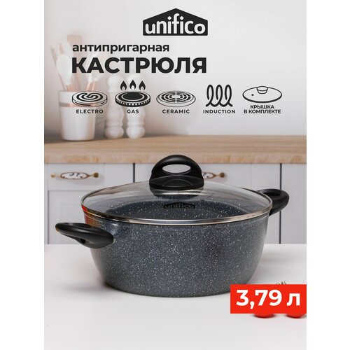 фото Кастрюля 3,79 (4) л, 24 см. с крышкой для индукционной плиты vigoroso grigio (антипригарное покрытие) unifico