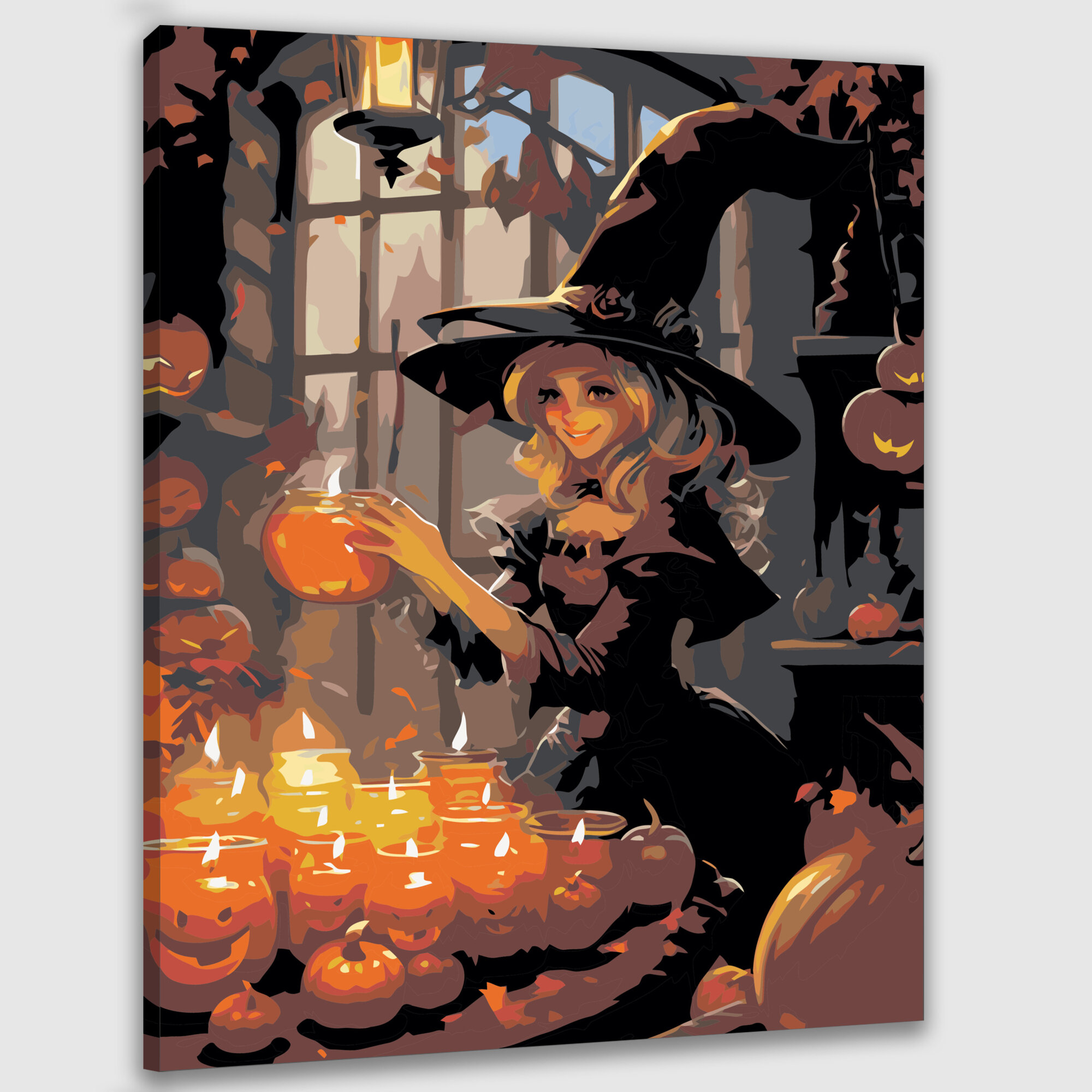 Картина по номерам 40x50 см, ведьма, праздничная, готовит, волшебное зелье, уютный коттедж, мерцающие свечи