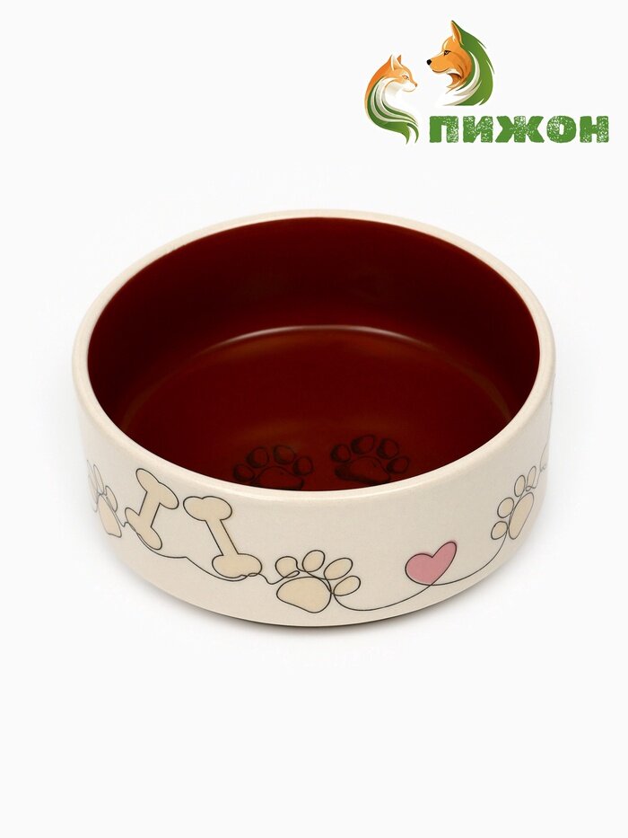 Миска керамическая для животных "Собачьи лапки", 200 мл, 10,5 х 4 см, бежевый - бордовый — фото 1
