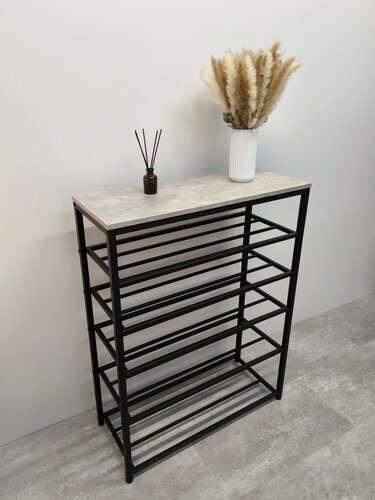 Изображение товара Обувница для прихожей "Мэйли" 5 полок / 101х30х98см / черный каркас - ЛДСП цемент серый