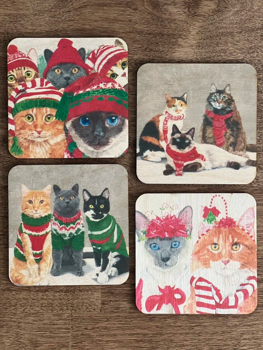 Новогодние подставки под кружку Коты Новый год 4 шт