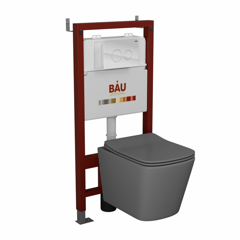 Комплект BAU 6 в 1: инсталляция BAU PRO, унитаз подвесной безободковый Bau Stil 51x35, сиденье дюропласт микролифт, темно-серый матовый, клавиша из стекла BAU Dream, белая