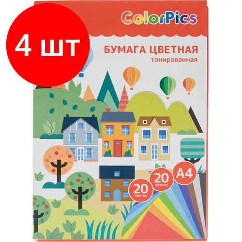 Комплект 4 штук, Бумага цветная №1School ColorPics А4.20л,20цв, тонированная в массе