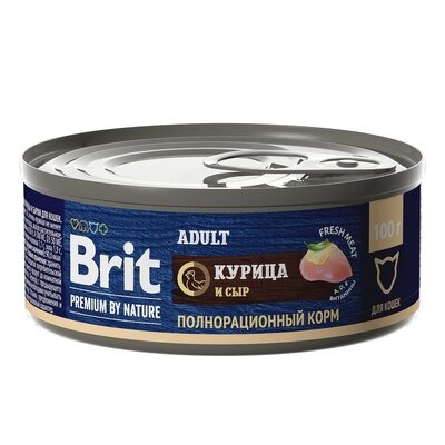 Brit Консервы Premium by Nature с курицей и сыром для взрослых кошек 4 шт по 100 гр (400 гр)