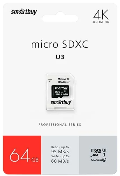 Карта памяти SmartBuy microSDXC 64 ГБ Class 10, V30, A1, UHS-I U3, R/W 95/60 МБ/с, адаптер на SD, SB64GBSDCL10U3L-01