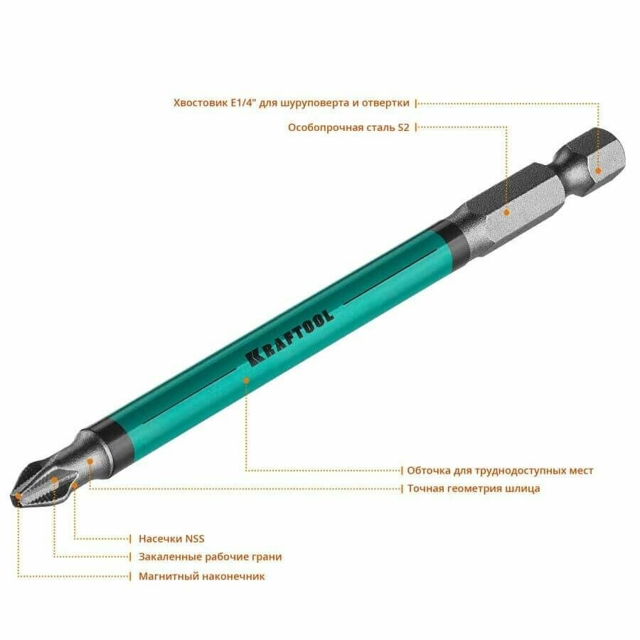Бита PH2 - 100 мм, тип хвостовика E 1/4", Optimum Line, KRAFTOOL