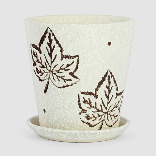 Кашпо керамическое для цветов Shine Pots 20x20см белый+листья, горшок для цветов