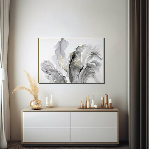 Большая картина-оригинал 1 м — чёрно-белая картина-абстракция на стену с золотом 1 м для интерьера, флюид-арт спиртовыми чернилами – Большой огненный цветок