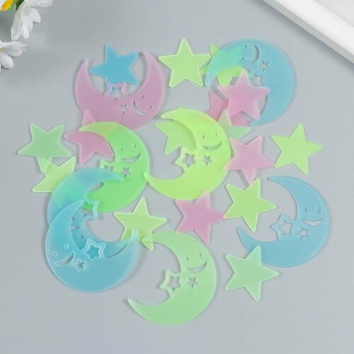 Наклейка фосфорная пластик Месяцы-смайлы и звёздочки набор 35-40 шт 19х13 см 227₽