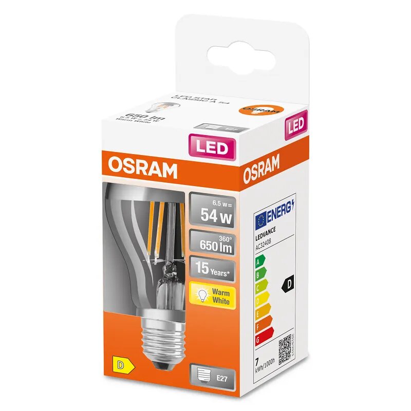 фото Лампочка светодиодная OSRAM Груша A E27 6,5Вт 220В 650Лм 2700К Теплый белый Филаментная, уп. 1шт