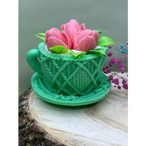 Мыло ручной работы подарок на 8 марта Чашка зеленая с тюльпанами