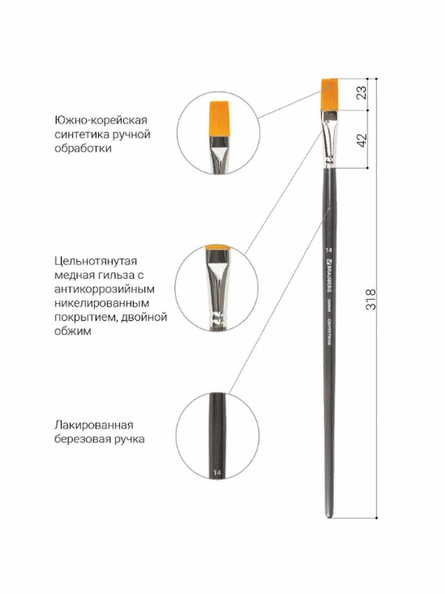 Кисть синтетика №14 ART CLASSIC плоская (200669) Brauberg - фото №12