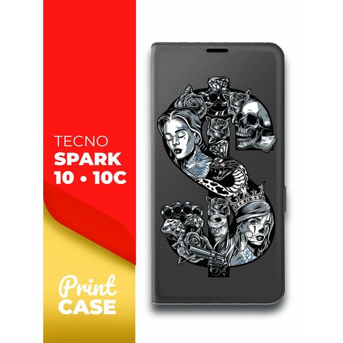 Чехол на Tecno Spark 10/ 10C (Техно Спарк 10/10С) черный книжка эко-кожа подставка отделение для карт и магнитами Book case, Miuko (принт) Доллар тату чехол на tecno spark 10 10c техно спарк 10 10с синий книжка эко кожа подставка отделение для карт и магнитами book case miuko принт тигр в короне