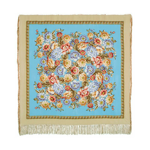 фото Платок павловопосадская платочная мануфактура,130х130 см, голубой, бежевый