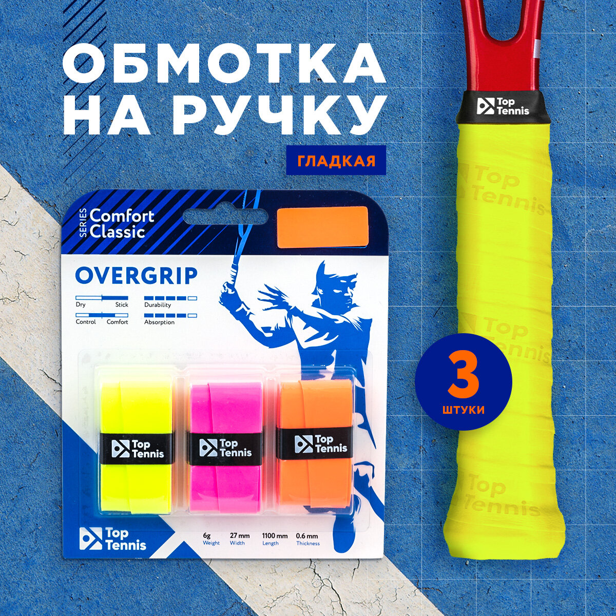 Намотка для теннисной ракетки, обмотка 3 штуки, неон, гладкая, Top Tennis COMFORT