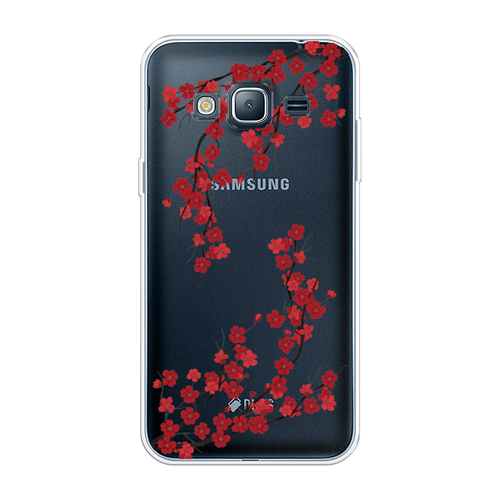 Силиконовый чехол на Samsung Galaxy J3 2016 / Самсунг Галакси J3 2016 Красная сакура, прозрачный силиконовый чехол на samsung galaxy j3 2016 самсунг галакси j3 2016 синий карбон