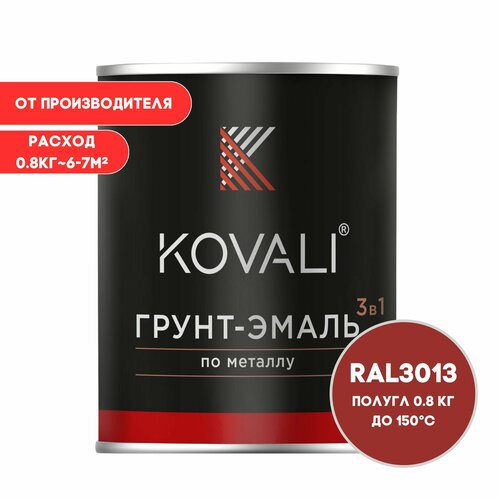 Грунт-эмаль 3 в 1 KOVALI полугл Томатно-красный RAL 3013 0,8кг краска по металлу, по ржавчине, быстросохнущая , краска Ковали