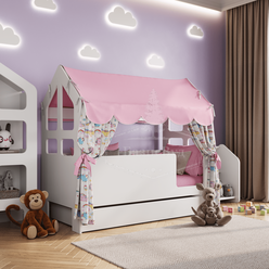 Кровать детская домик с текстилем и ящиком (Вход справа, розовый с единорогами) "Сладкий сон"