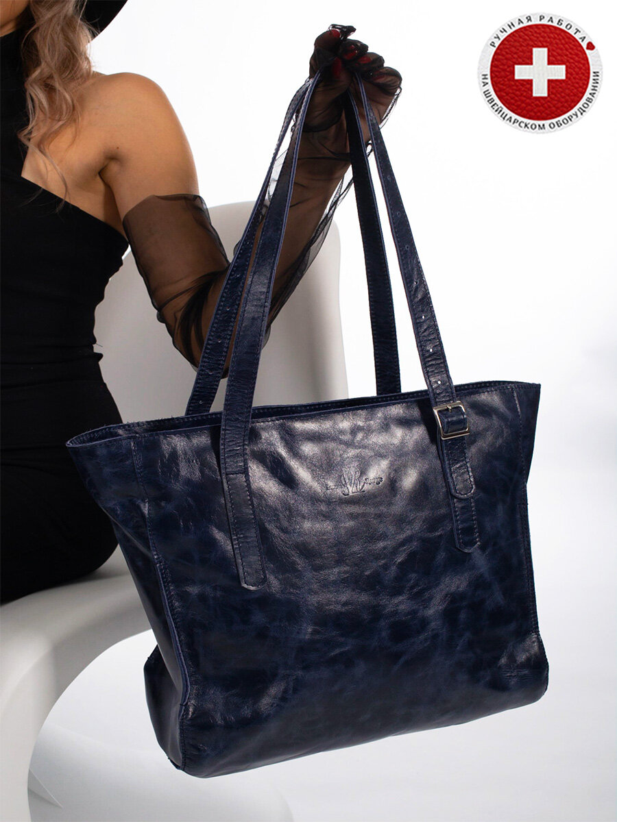 фото Сумка Шоппер из натуральной кожи с ручками через плечо цвет черный