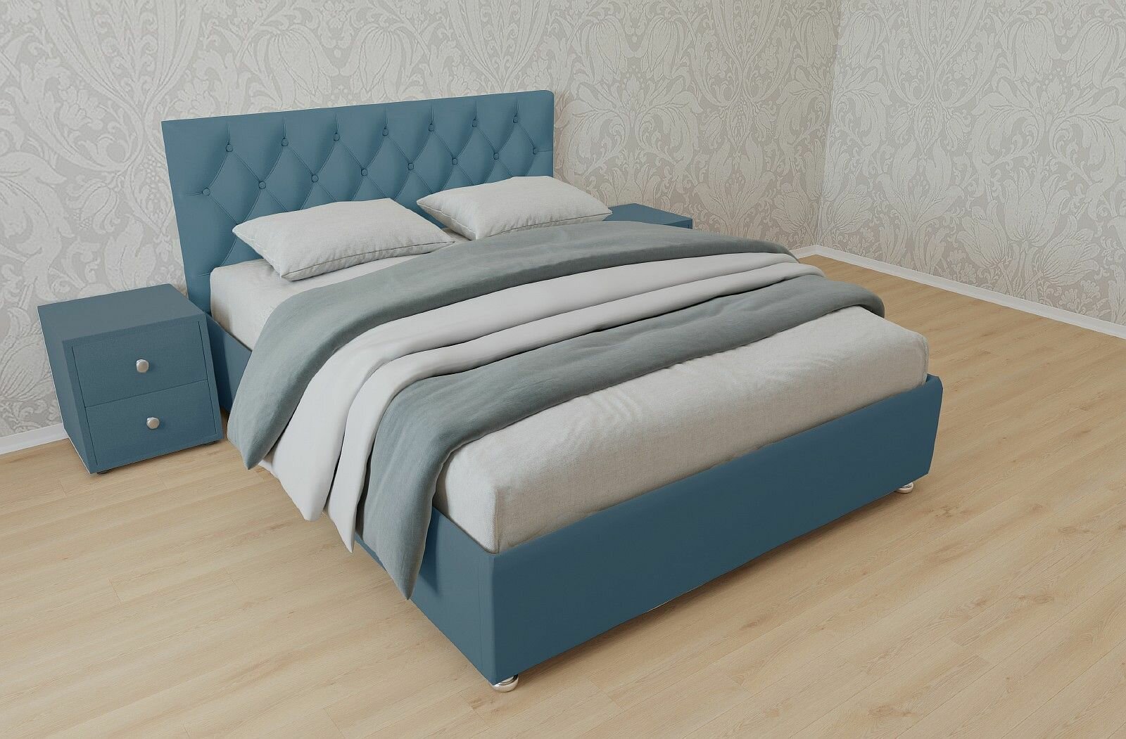 Односпальная кровать Версаль 90x200 основание металлическое с ламелями велюр бирюзовый ножки 5 см