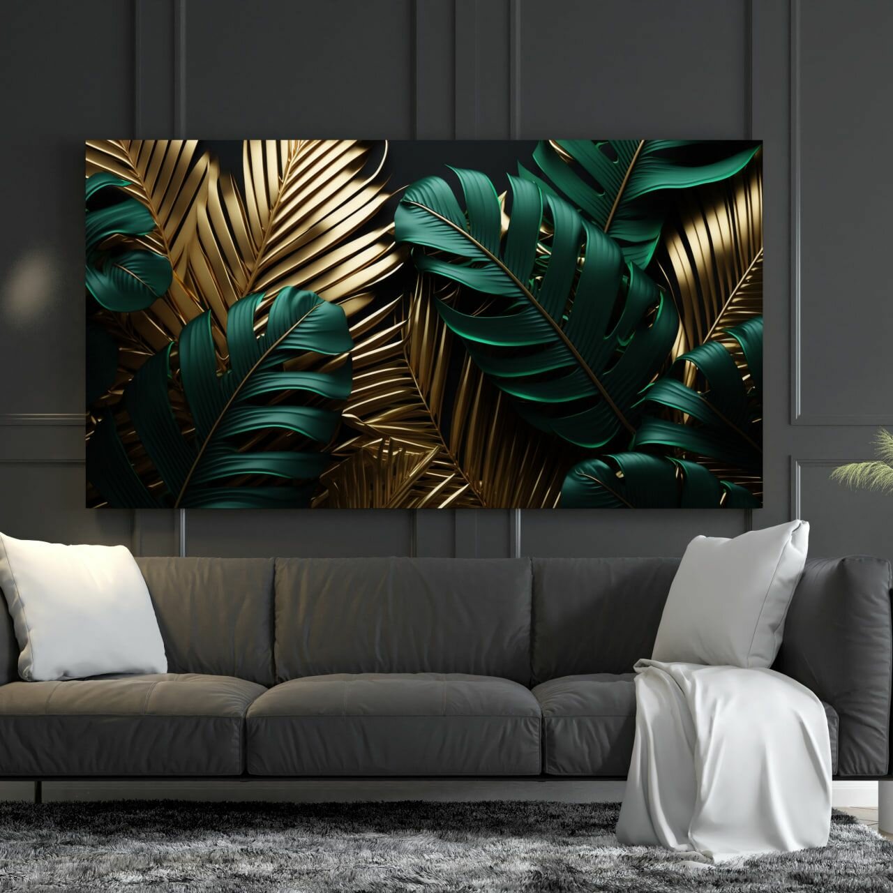 Интерьерная картина на натуральном холсте - Абстракция. Золотая и зеленая пальма, 60 х 80 см.