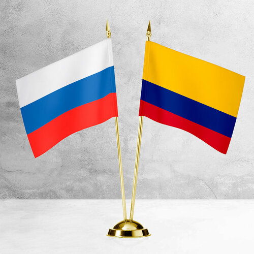 Настольные флаги России и Колумбии на пластиковой подставке под золото