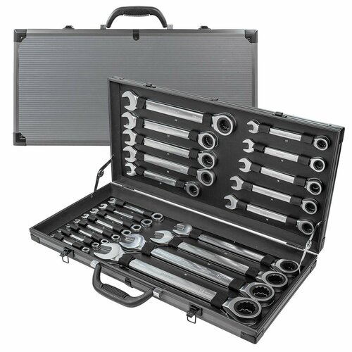 Набор ключей комбинированных трещоточных 22пр.(6-24,27,30,32мм), в кейсе Premium DISEN DSL1702