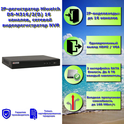 IP-регистратор Hiwatch DS-N316/2(D) 16 каналов, сетевой видеорегистратор NVR