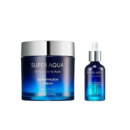 эмульсия для лица missha эмульсия super aqua ultra hyalron для увлажнения кожи Увлажняющий крем для лица Missha, Aqua Ultra Hyalron + Сыворотка для увлажнения и гладкости (в подарок), 70 мл + 47 мл