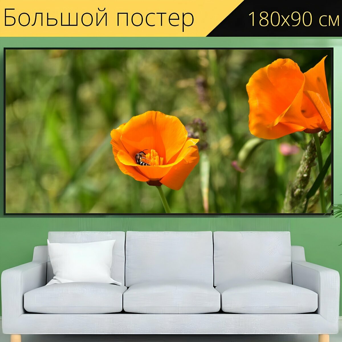 Большой постер "Цветок апельсина, зеленый стебель, зеленые листья" 180 x 90 см. для интерьера