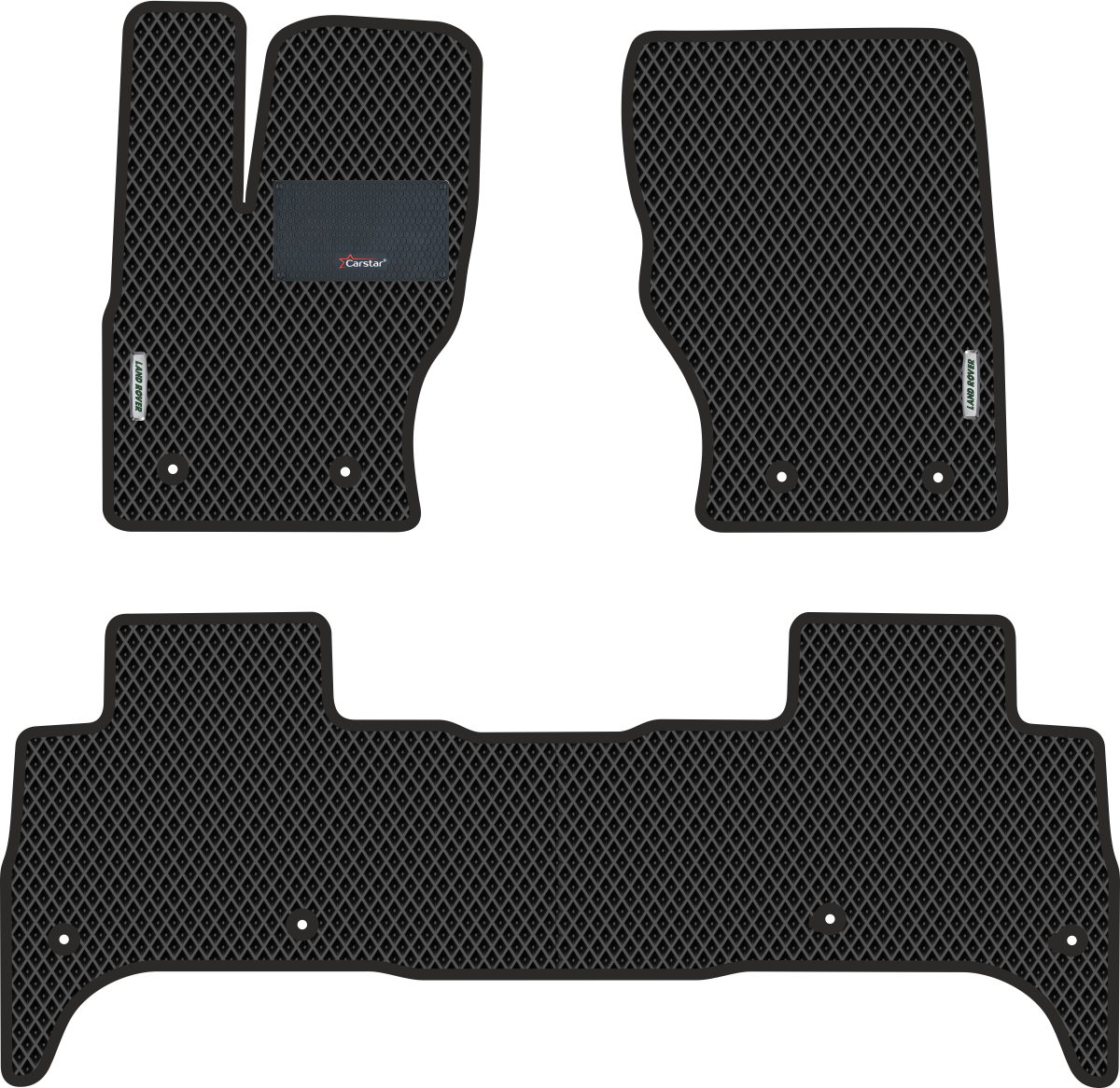Автомобильные коврики EVA для Land Rover Range Rover Sport II (2013-н/в), с каучуковым подпятником и 2 эмблемами, чёрные с чёрным кантом, ячейка ромб