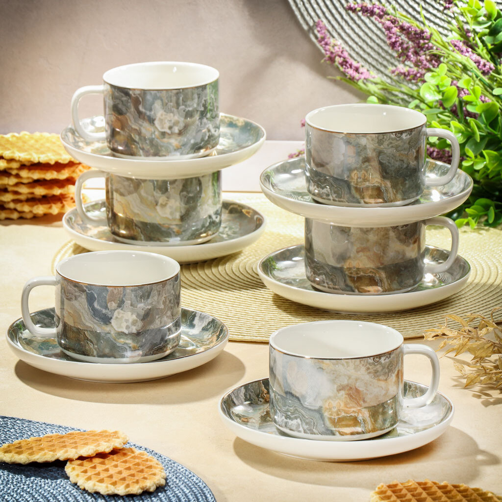 фото Набор чайный керам, 12 пр, 6 перс, 220 мл, Серый Мрамор, Y6-10279, подар уп