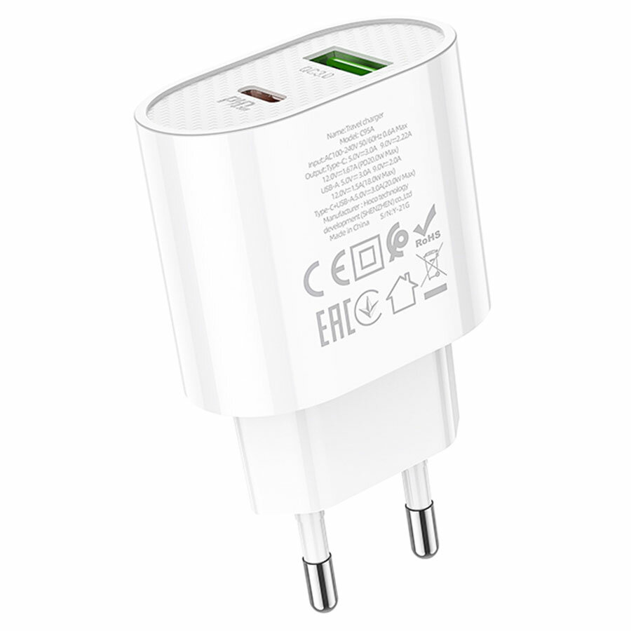 Сетевое зарядное устройство HOCO C95A Lineal 1xUSB + 1xUSB-C, 3A, 20W, белый