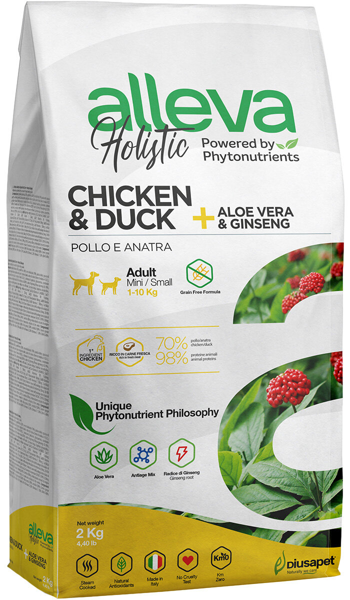 ALLEVA HOLISTIC ADULT DOG MINI CHICKEN & DUCK беззерновой для взрослых собак маленьких пород с курицей, уткой, алоэ вера и женьшенем (2 кг)