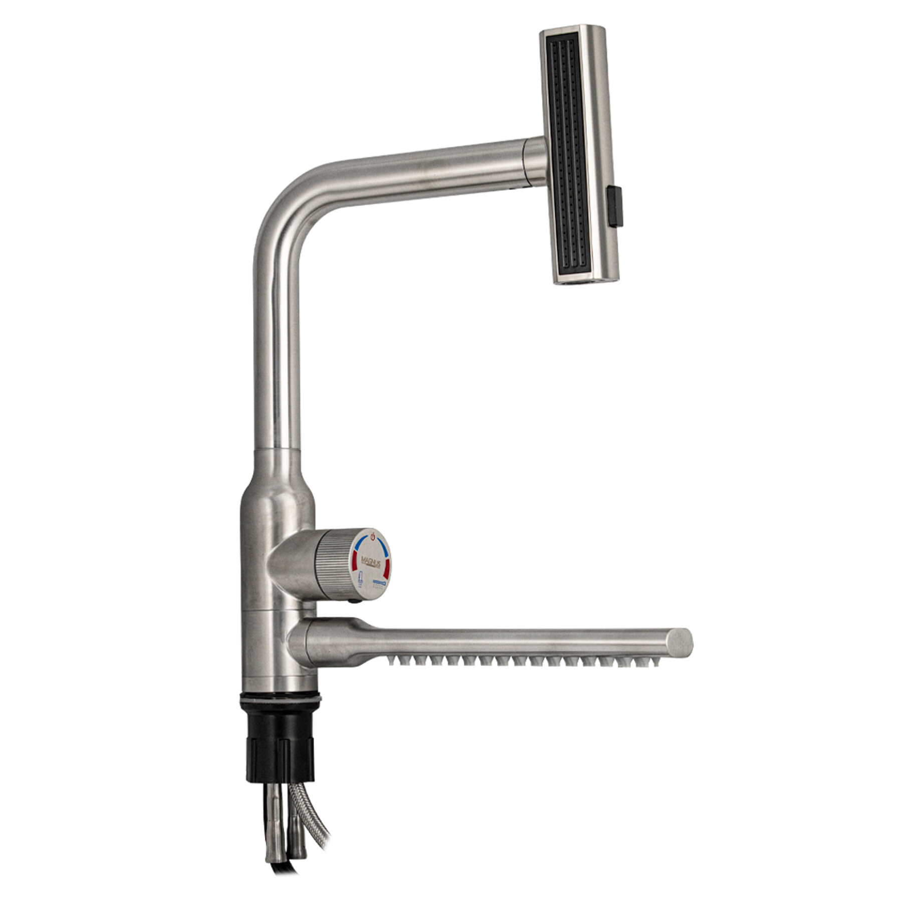 фото Смеситель кухонный, шаровый, с поворотной вытяжной и горизонтальной каскадной лейками, из нержавеющей стали, цвет сатин, MAGNUS 9135