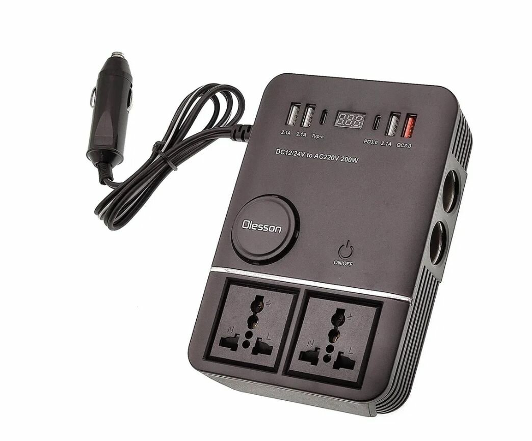 Автомобильный инвертор 12 220V 200W в машину в прикуриватель 4хUSB 2хTYPE-C OLESSON