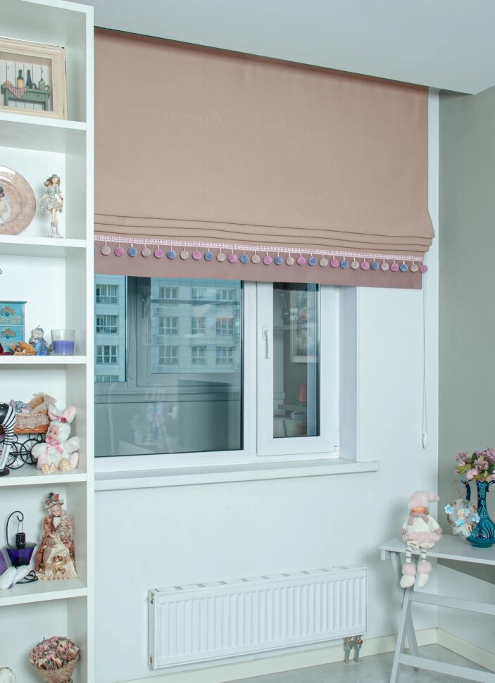 фото Римские шторы блэкаут на окна для комнаты, Моя Штора, ширина 220 см х высота 230 см, Капучино/Серо-розовый