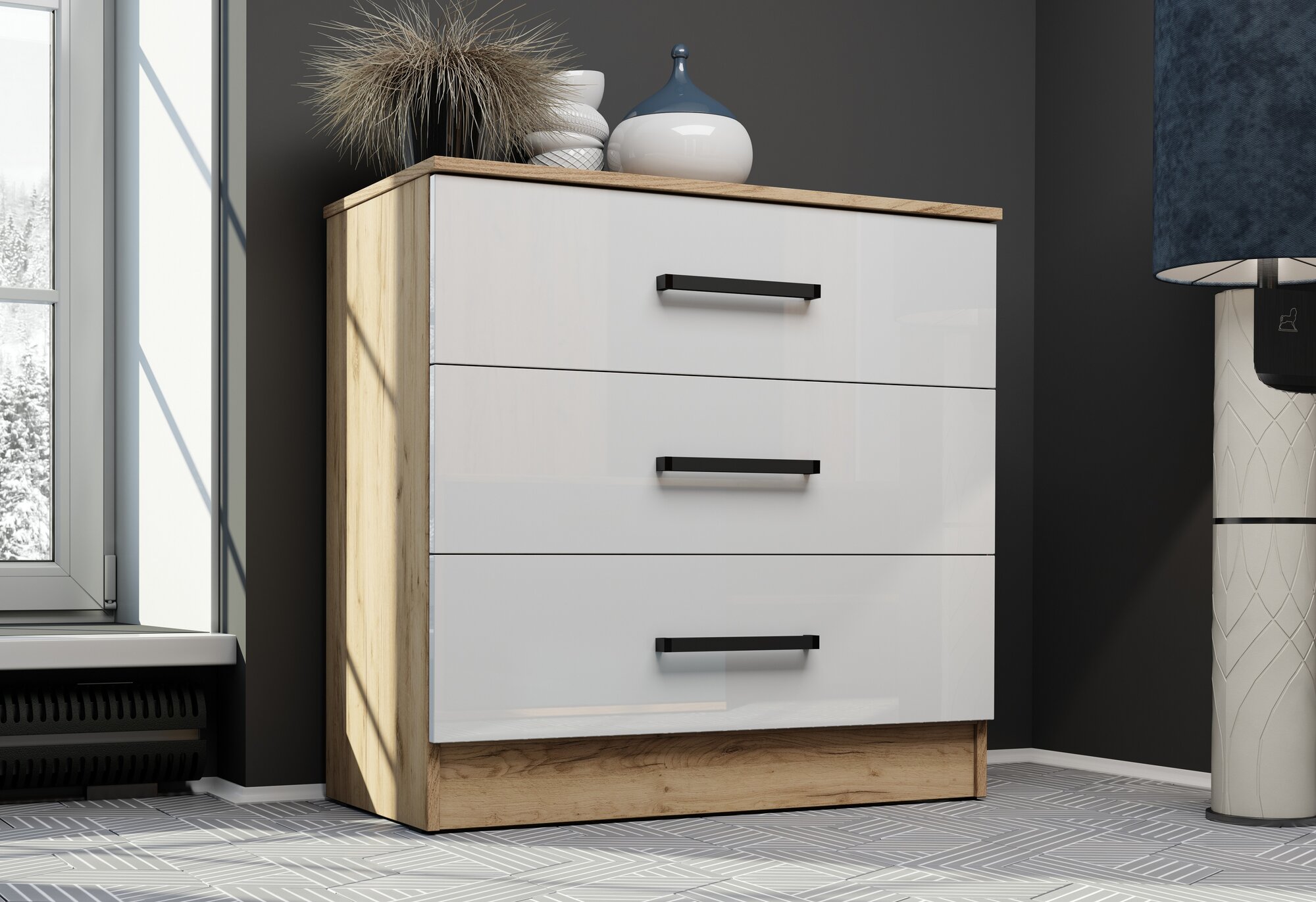 фото Комод столплит Адель с 3 ящиками, ЛДСП, Дуб вотан-Белый гладкий, 82х40х80 см