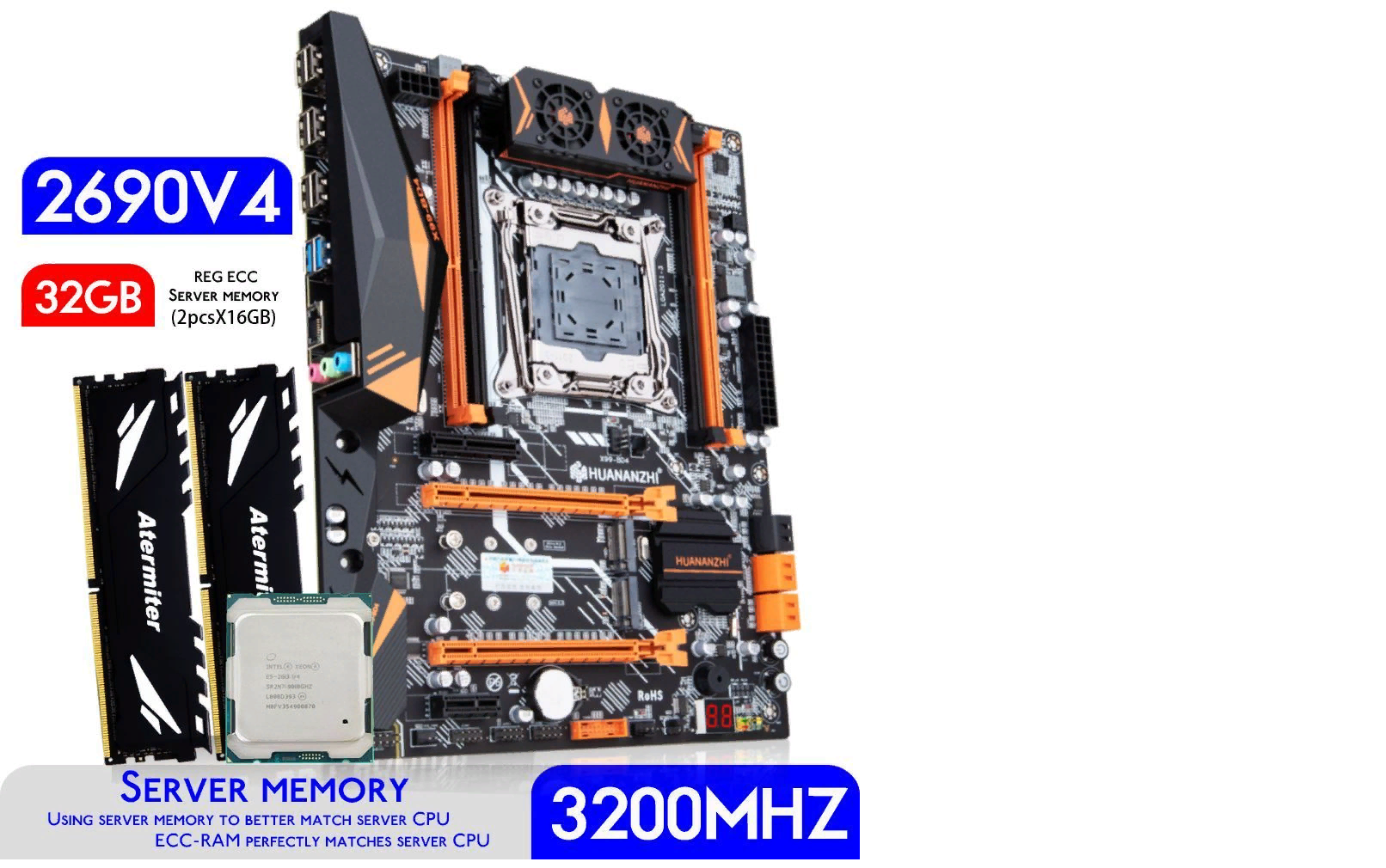 Комплект материнской платы X99: Huananzhi BD4 + Xeon E5 2690v.4 + DDR4 32Гб 2400mgz 2х16Гб