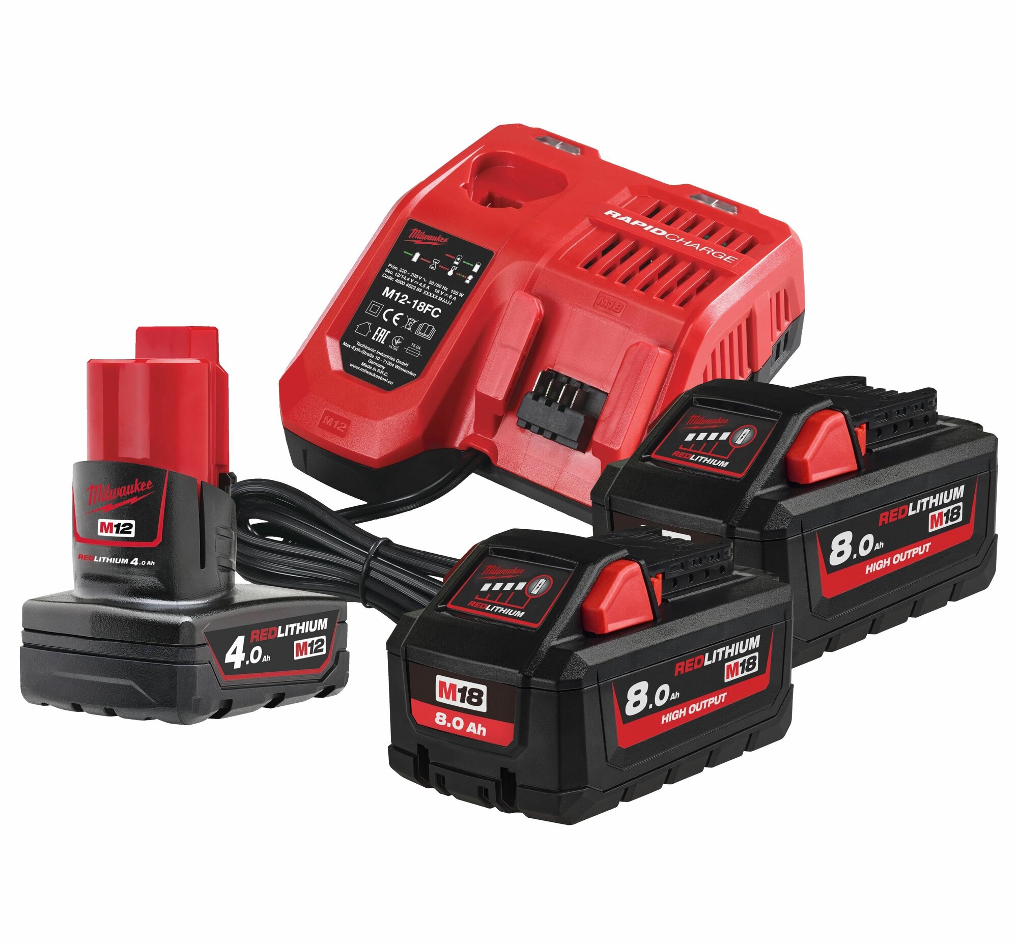 фото Набор Milwaukee HNRG-802: 2 АКБ M18 HB8, Li-Ion, 18 В, 8 Ач + АКБ M12 B4, Li-Ion, 12 В, 4 Ач и быстрое зарядное устройство M12-18 FC, 12-18 В, 6 A, 4933471073